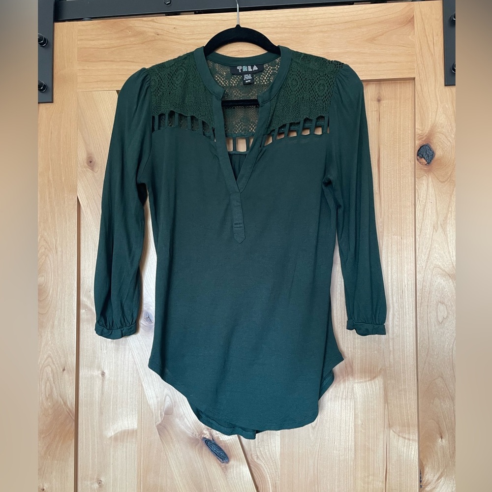 Urban Outfitters Tela Forest Green Lace Accent Blouse